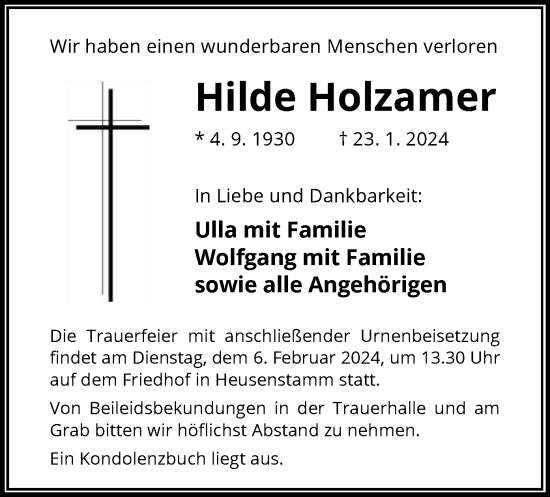 Traueranzeige von Hilde Holzamer von OF