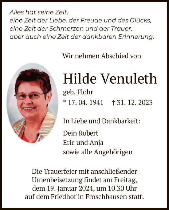 Traueranzeige von Hilde Venuleth von OF