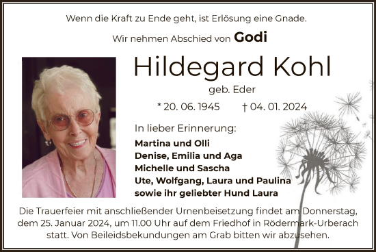 Traueranzeige von Hildegard Kohl von OF