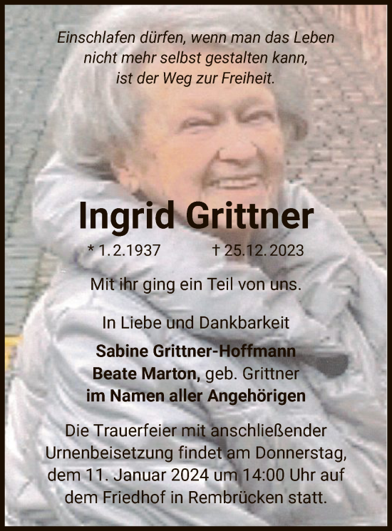 Traueranzeige von Ingrid Grittner von OF