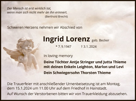 Traueranzeige von Ingrid Lorenz von OF