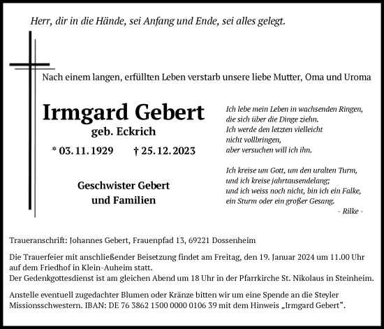 Traueranzeige von Irmgard Gebert von OF