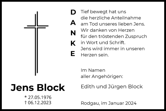 Traueranzeige von Jens Block von OF