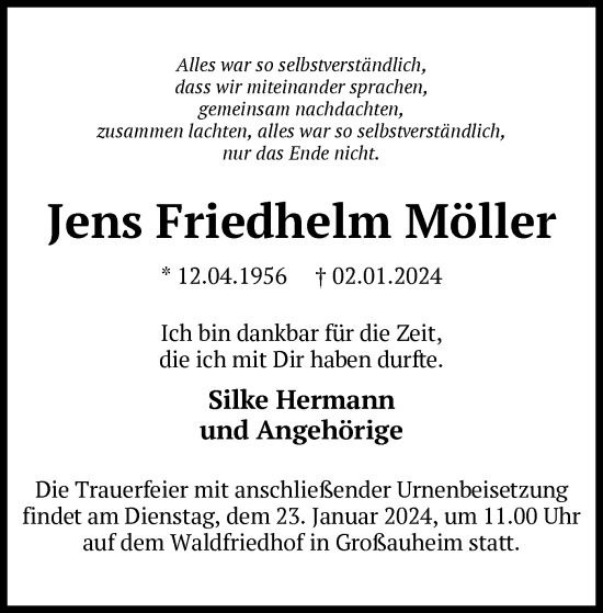 Traueranzeige von Jens Friedhelm Möller von OF