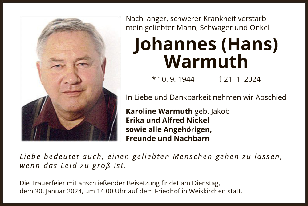  Traueranzeige für Johannes Warmuth vom 27.01.2024 aus OF