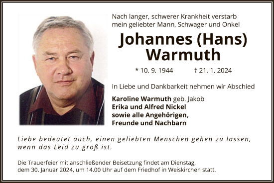 Traueranzeige von Johannes Warmuth von OF