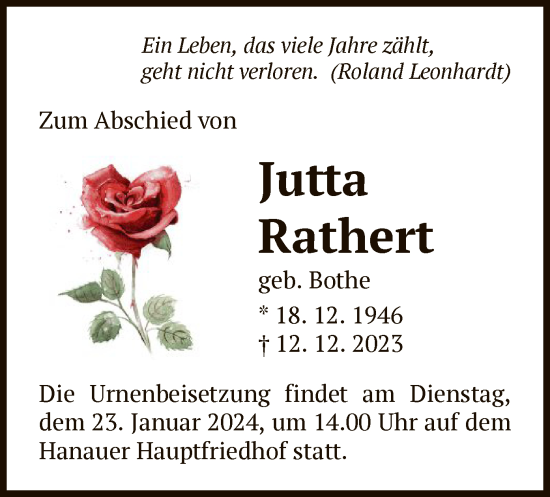 Traueranzeige von Jutta Rathert von OF