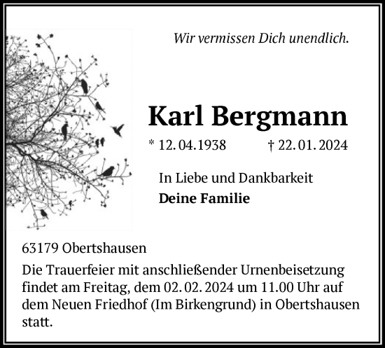 Traueranzeige von Karl Bergmann von OF