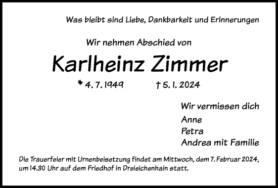 Traueranzeige von Karlheinz Zimmer von OF