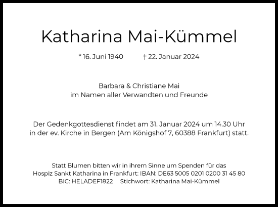 Traueranzeige von Katharina Mai-Kümmel von OF