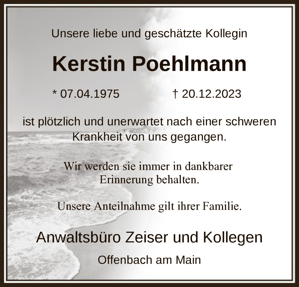  Traueranzeige für Kerstin Poehlmann vom 13.01.2024 aus OF