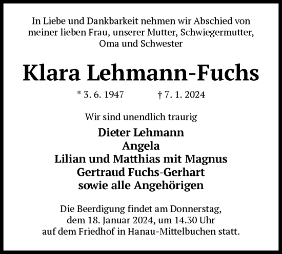 Traueranzeige von Klara Lehmann-Fuchs von OF