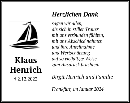 Traueranzeige von Klaus Henrich von OF