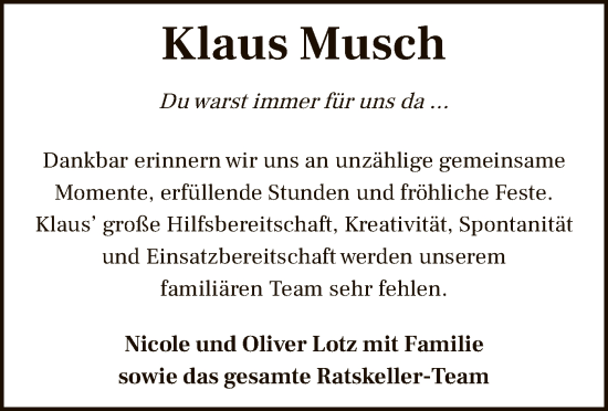 Traueranzeige von Klaus Musch von OF