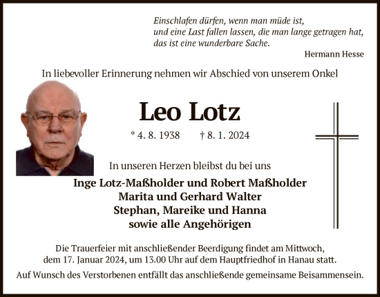 Traueranzeige von Leo Lotz von OF