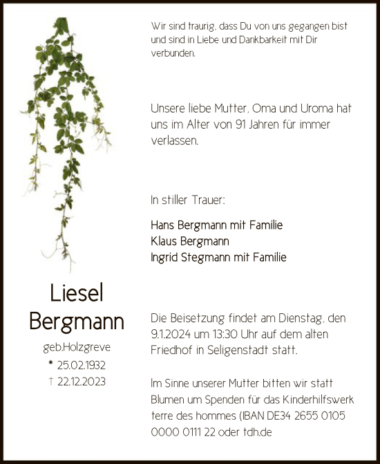 Traueranzeige von Liesel Bergmann von OF