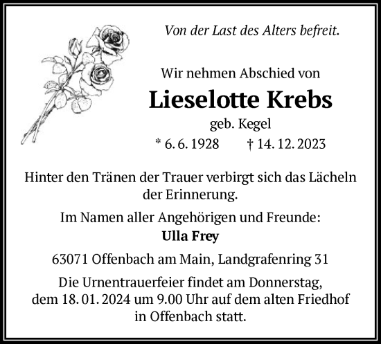 Traueranzeige von Lieselotte Krebs von OF