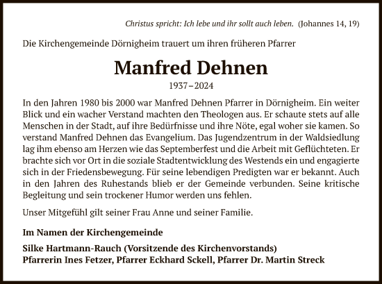 Traueranzeige von Manfred Dehnen von OF