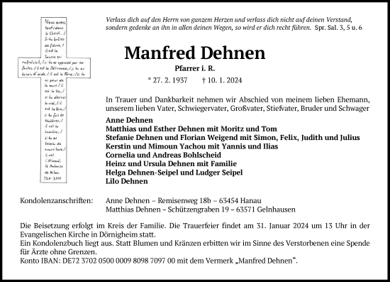 Traueranzeige von Manfred Dehnen von OF