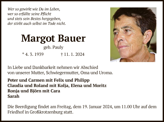 Traueranzeige von Margot Bauer von OF