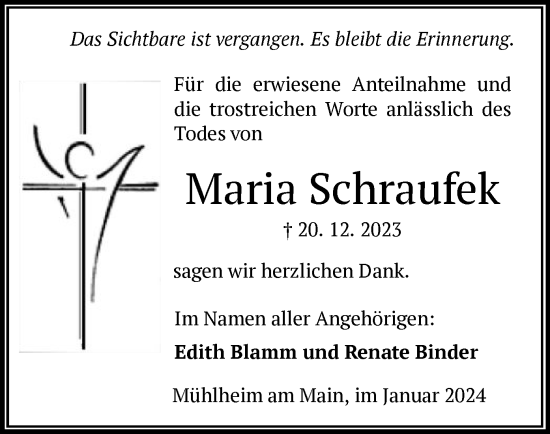 Traueranzeige von Maria Schraufek von OF