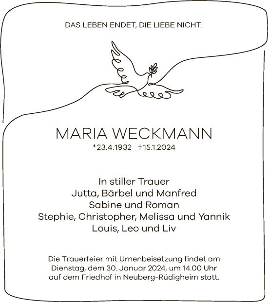 Traueranzeige von Maria Weckmann von OF