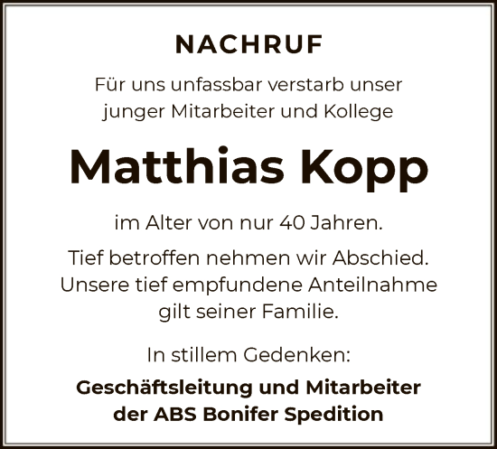 Traueranzeige von Matthias Kopp von OF