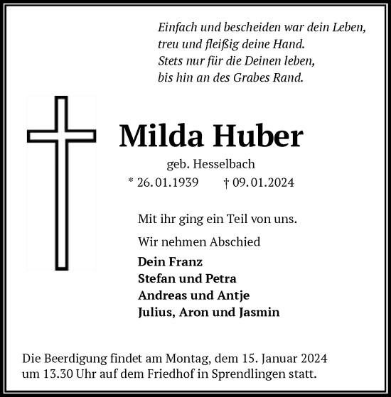 Traueranzeige von Milda Huber von OF