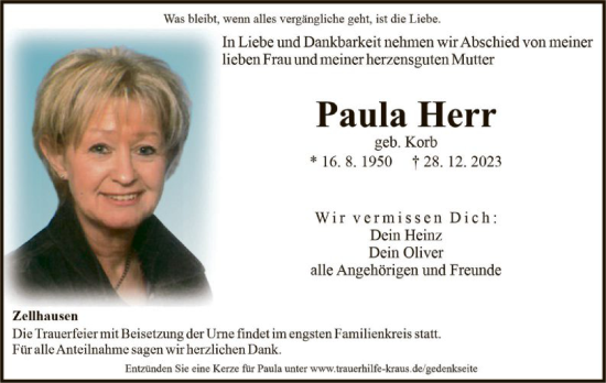 Traueranzeige von Paula Herr von OF