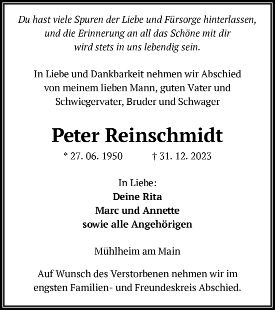 Traueranzeige von Peter Reinschmidt von OF