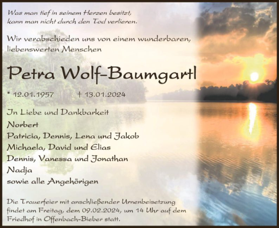 Traueranzeige von Petra Wolf-Baumgartl von OF