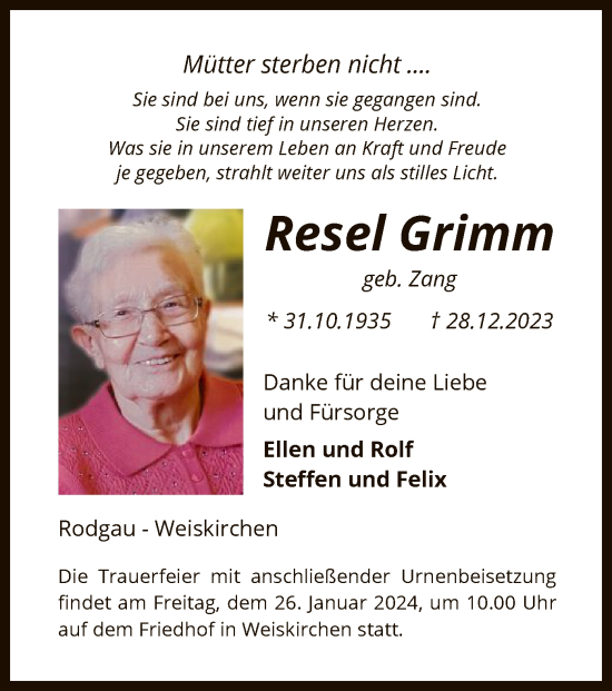 Traueranzeige von Resel Grimm von OF