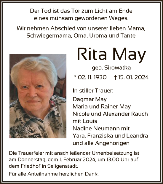 Traueranzeige von Rita May von OF