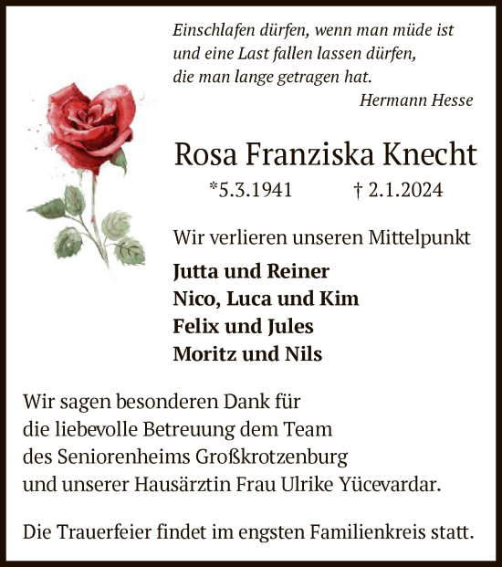 Traueranzeige von Rosa Franziska Knecht von OF
