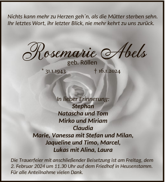 Traueranzeige von Rosemarie Abels von OF