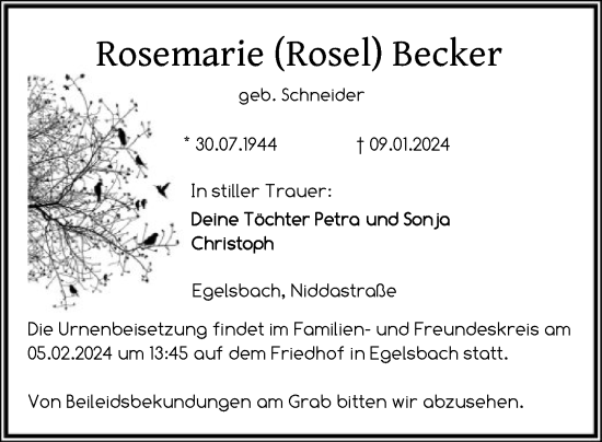 Traueranzeige von Rosemarie  Becker von OF