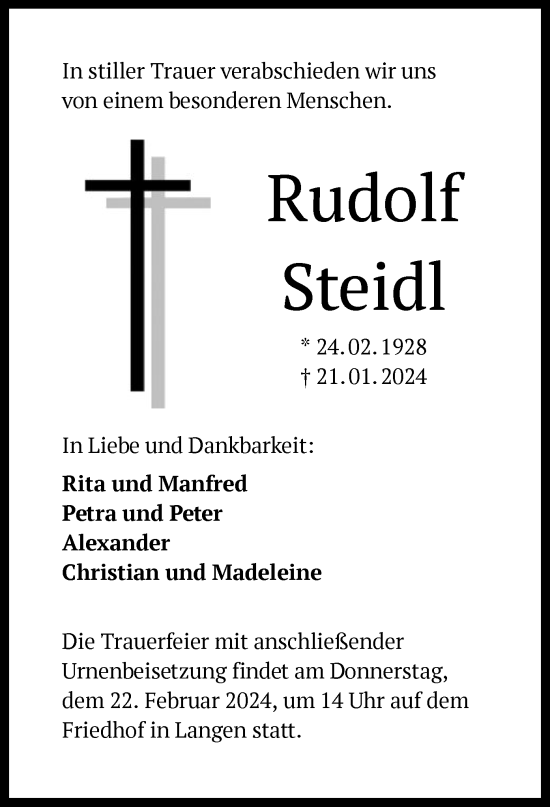 Traueranzeige von Rudolf Steidl von OF