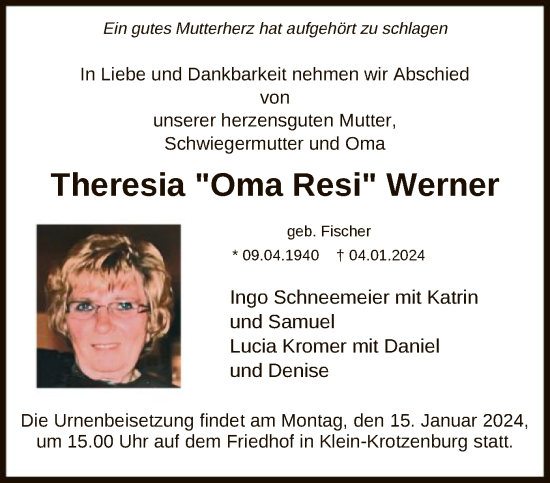 Traueranzeige von Theresia Werner von OF