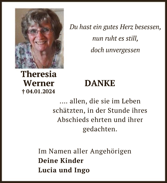 Traueranzeige von Theresia Werner von OF