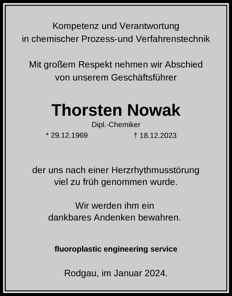  Traueranzeige für Thorsten Nowak vom 06.01.2024 aus OF