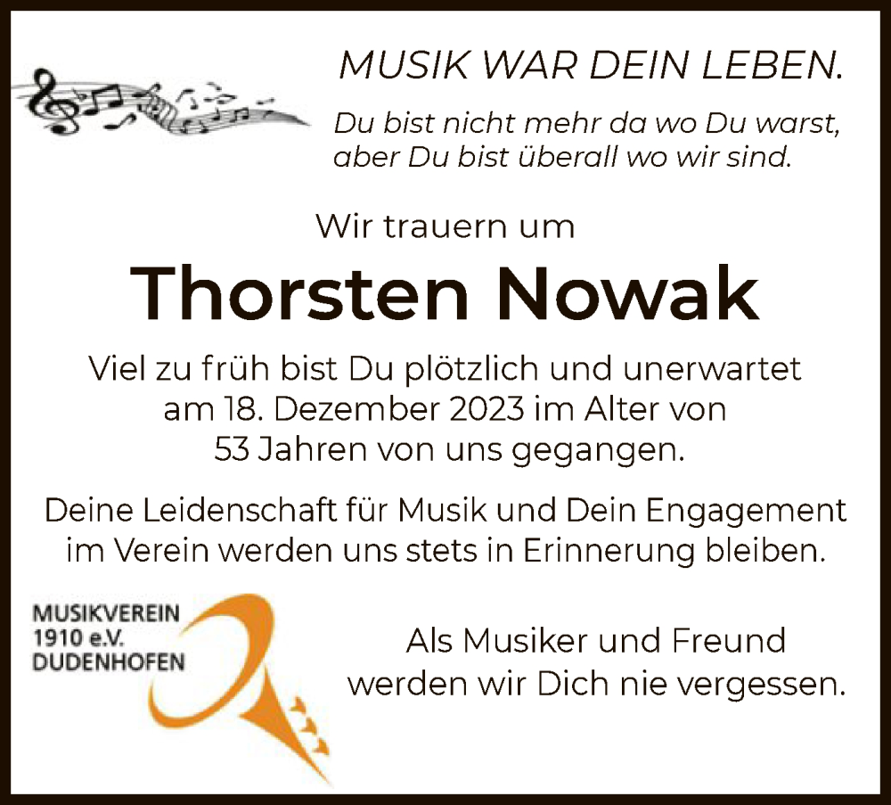  Traueranzeige für Thorsten Nowak vom 06.01.2024 aus OF