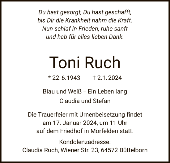 Traueranzeige von Toni Ruch von OF