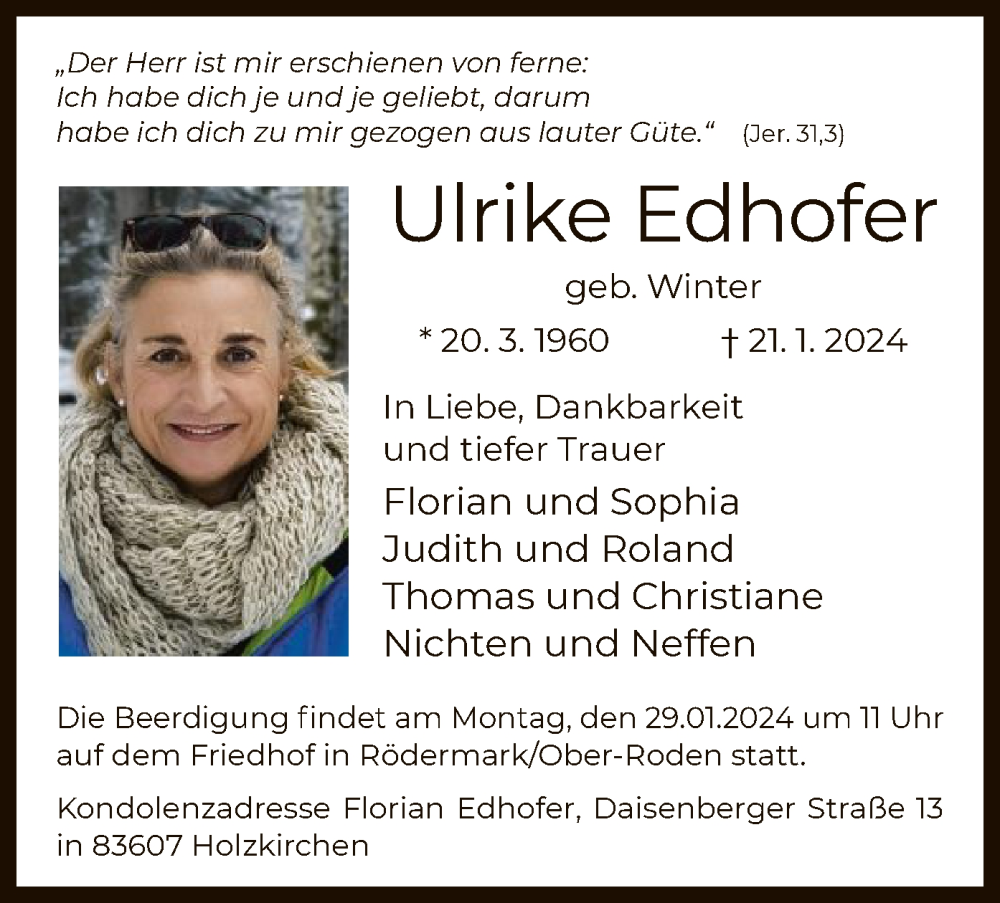  Traueranzeige für Ulrike Edhofer vom 27.01.2024 aus OF