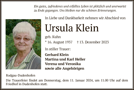 Traueranzeige von Ursula Klein von OF