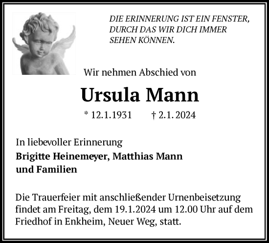 Traueranzeige von Ursula Mann von OF