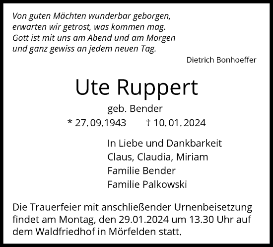 Traueranzeige von Ute Ruppert von OF