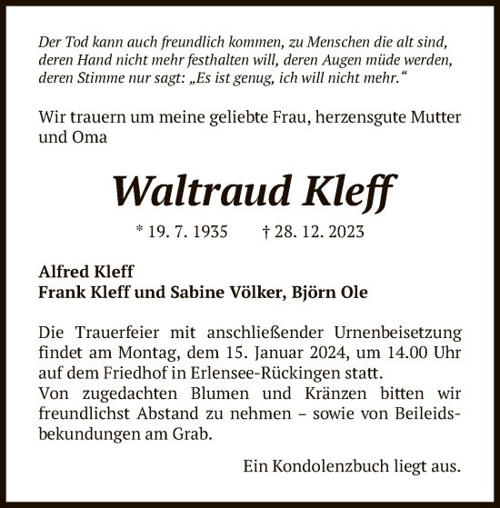 Traueranzeige von Waltraud Kleff von OF