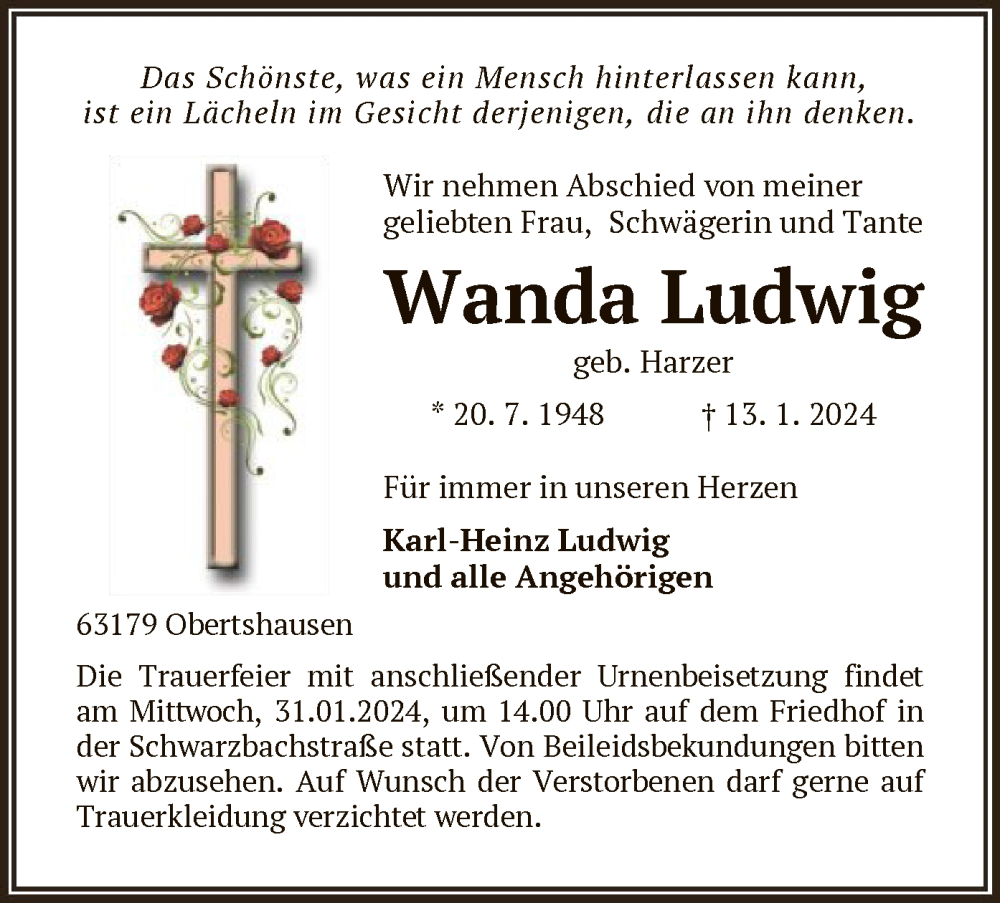 Traueranzeige für Wanda Ludwig vom 27.01.2024 aus OF