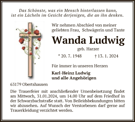 Traueranzeige von Wanda Ludwig von OF