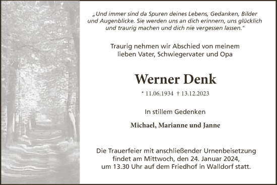 Traueranzeige von Werner Denk von OF